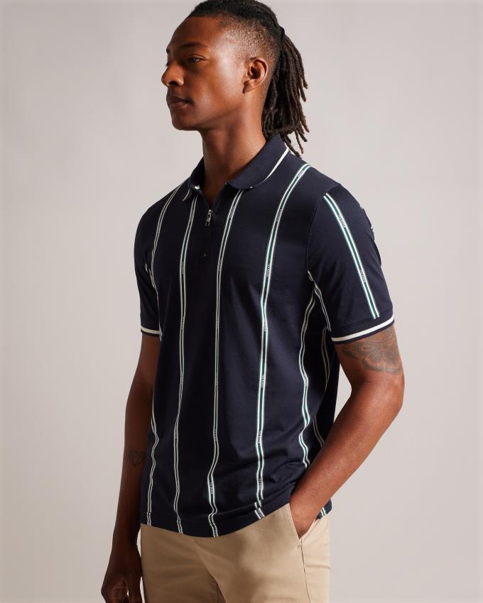 Polo Ted Baker Short Sleeve Zip With Striped Branding Bleu Marine Homme | NPF-33773630